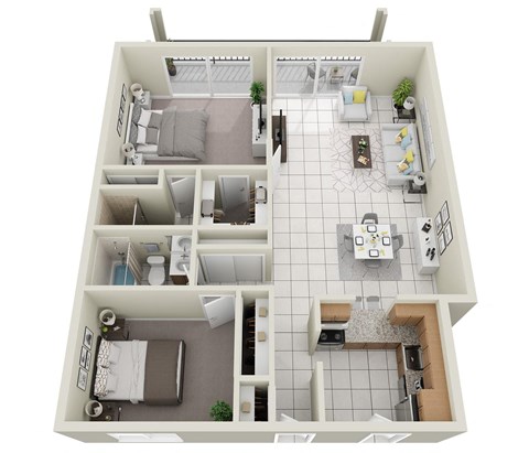 Floor plan for 2 beds, 2 baths, 1310 sqft